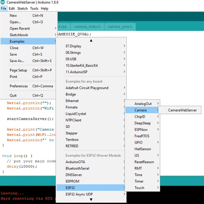 Открытие в Arduino IDE примера для работы с модулем кмеры ESP32